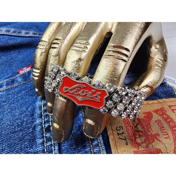 Artisan Vintage Levi Pin Rhinestone Bracelet | 1960s Stretch Statement - Picture 4 of 11